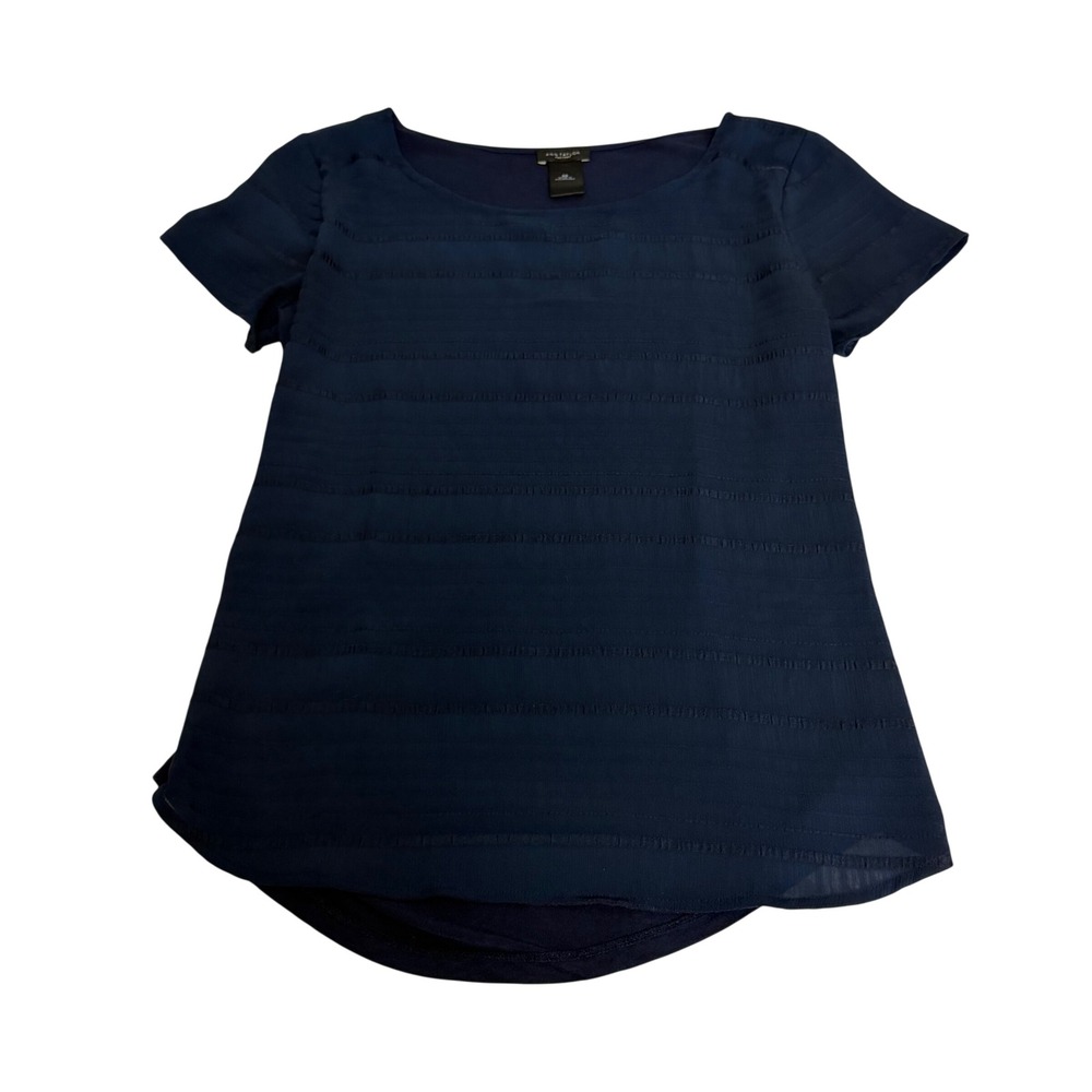 Ann Taylor Factory Navy Blue Textured Stripe Short Sleeve Blouse XS Scoop Neck